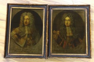 After Godfrey Kneller (1646-1723), pair of 18th century reverse glass painted prints, Charles II and