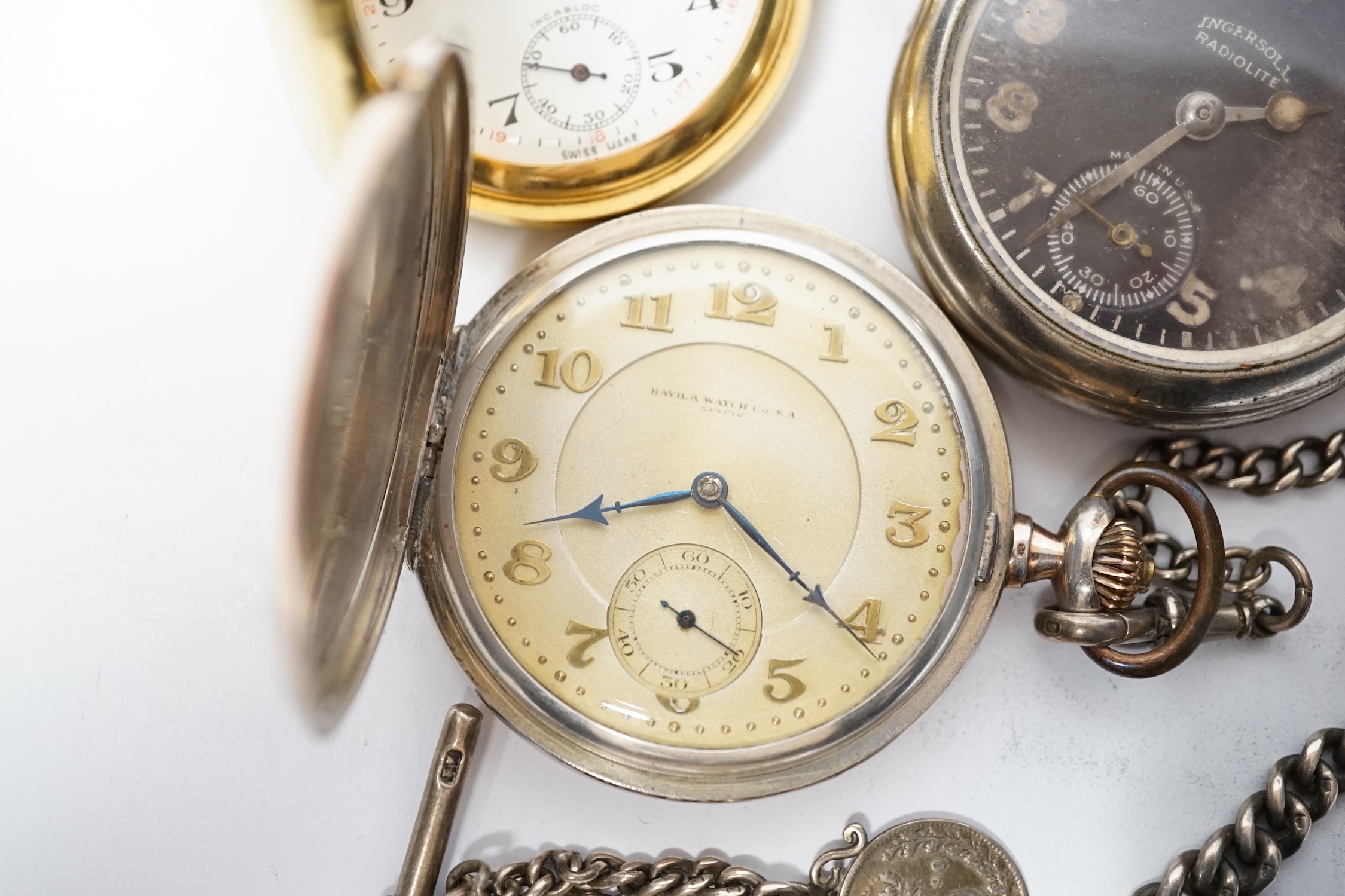 A silver open face pocket watch by Benson, London, an 800 standard hunter pocket watch by Havila and - Image 3 of 6
