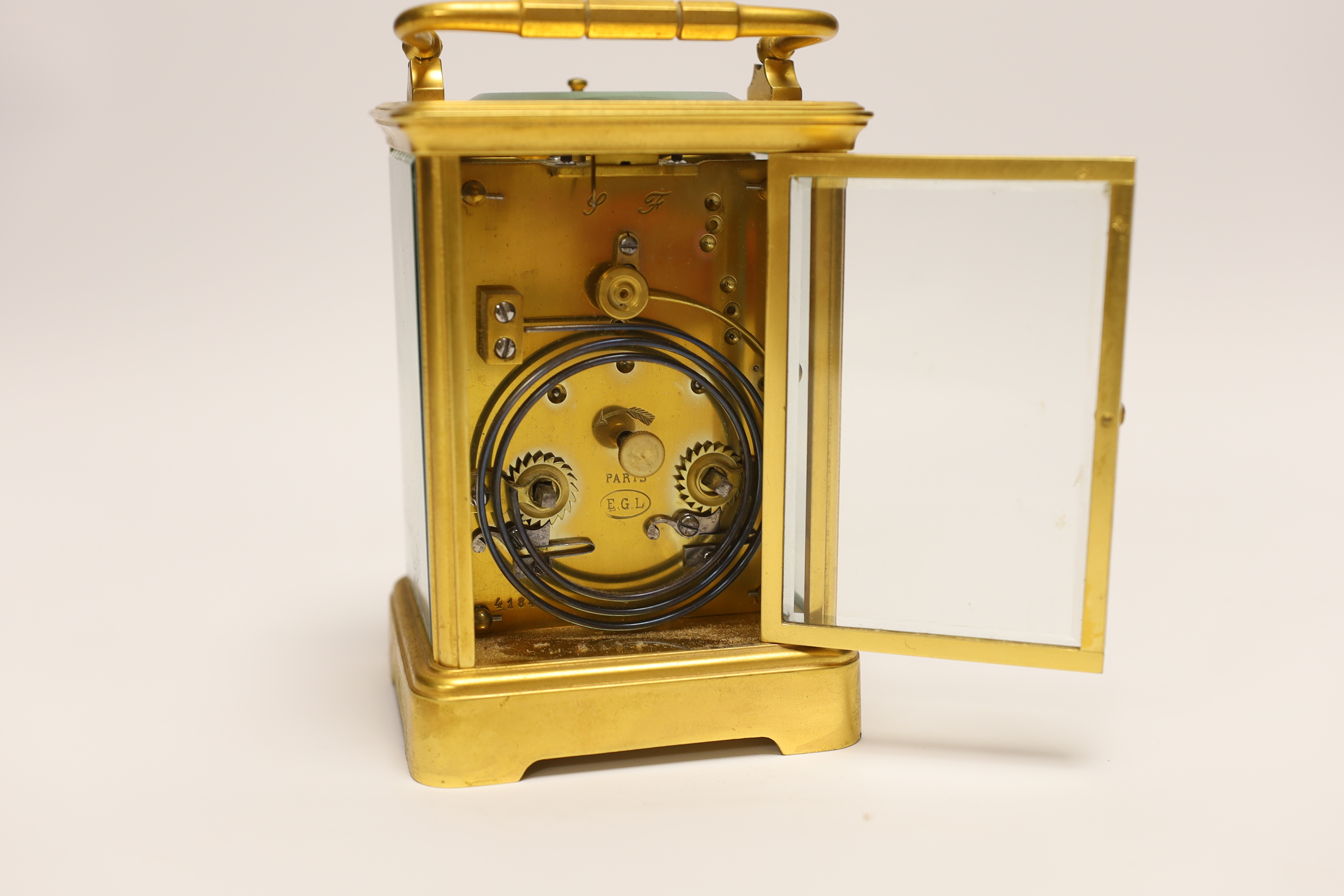 A gilt brass carriage clock with repeater, the dial inscribed Edward & Sons Glasgow, 18cm high - Image 5 of 9