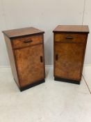 A pair of Art Deco style walnut bedside cabinets, width 41cm, depth 37cm, height 75cm