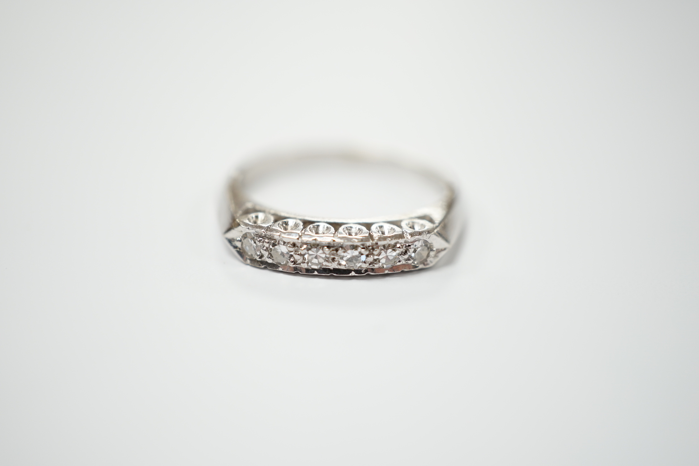 A 14k white metal and six stone diamond chip set half hoop ring, size L, gross weight 2.6 grams. - Image 2 of 3