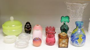 A quantity of various coloured and clear glass including an Art Deco figural scent bottle, cranberry