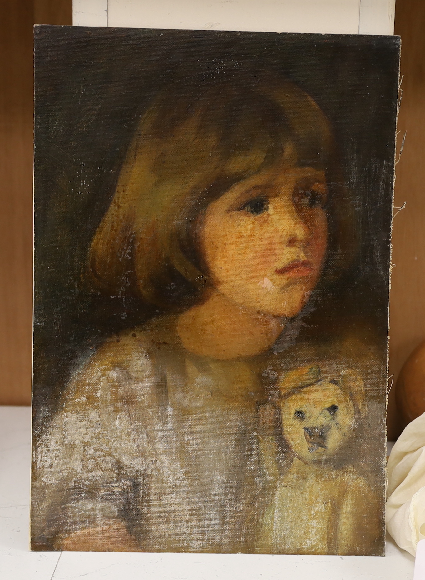 English School c.1900, oil on canvas laid on card, Portrait of a girl with her teddy bear, 37 x - Image 2 of 3