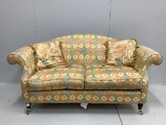 A Victorian style scroll arm two seater settee, width 170cm, depth 74cm, height 87cm