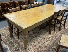A Victorian rectangular oak and pine two drawer kitchen table, width 228cm, depth 89cm, height 74cm