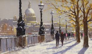 Peter Van Breda (b.1957), impressionist oil on canvas, 'Snow, South Bank towards St. Paul's,