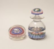 A millefiori glass inkwell and a paperweight, 14cm high