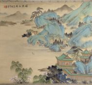 A Chinese watercolour on silk scroll painting, mountainous landscape with pagodas