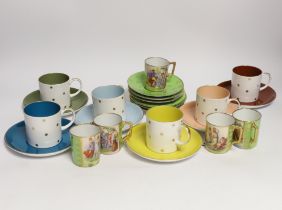 Set of six Susie Cooper bone china multi-coloured cups and saucers together with six Victoria