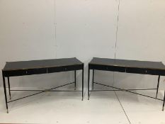 A pair of mid century Italian style brass mounted ebonised two drawer side tables, width 124cm,