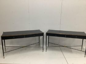 A pair of mid century Italian style brass mounted ebonised two drawer side tables, width 124cm,