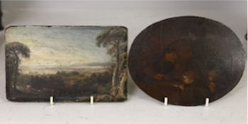 A 19th century oil on panel, Pastoral landscape, unframed, together with a Dutch oval oil on