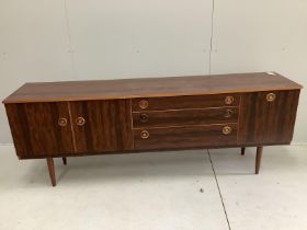 A mid century Schreiber faux rosewood sideboard, width 198cm, depth 43cm, height 73cm