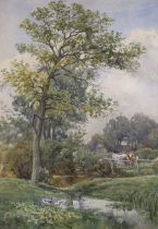 E. Barnes (20th.C), watercolour, Rural landscape with cattle and ducks, signed, 35 x 25cm