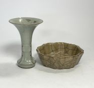 A Chinese crackle glazed dish together with a ge ware archaic style vase, largest 15cm diameter