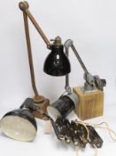 A mid-century Kaiser Idell-style scissor-action wall lamp, and two other industrial wall lamps
