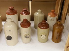 Eight various stoneware hotwater bottles, early 20th century, largest 30cm high