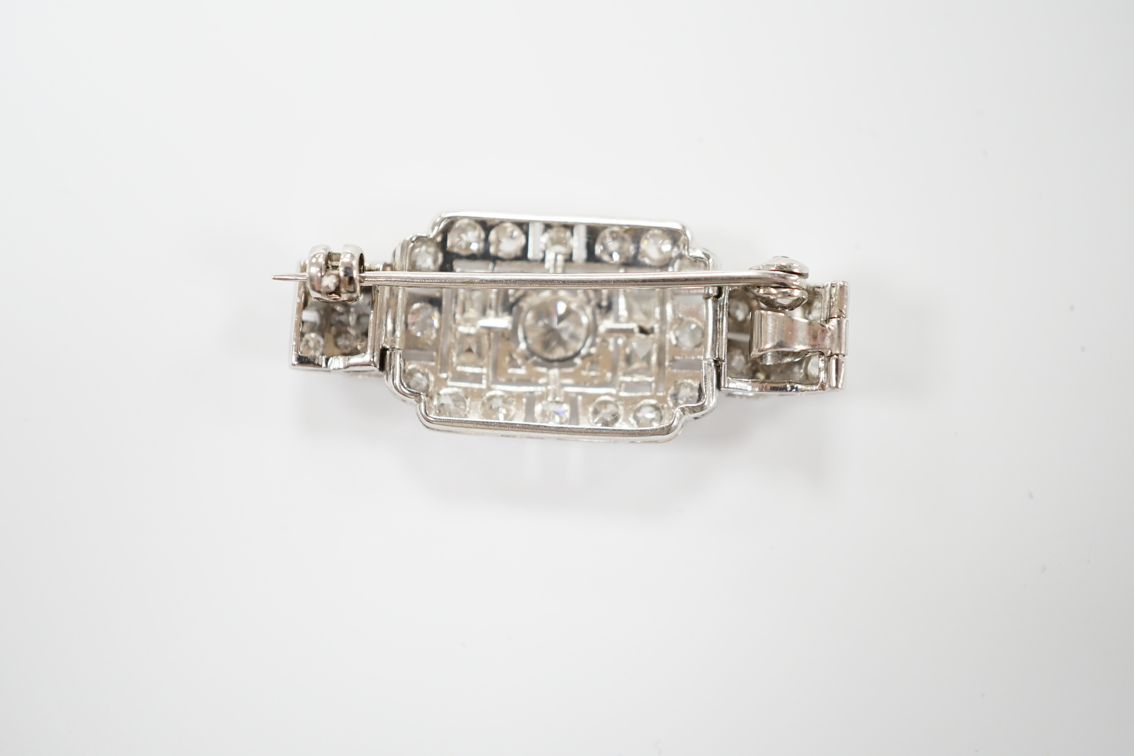 An Art Deco style white metal and diamond cluster set pendant brooch, overall 38mm, gross weight 5.9 - Image 3 of 3