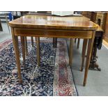 A George III satinwood banded mahogany D shape folding card table, width 94cm, depth 46cm, height