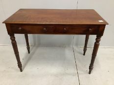 A Victorian mahogany two drawer side table, width 106cm, depth 52cm, height 78cm