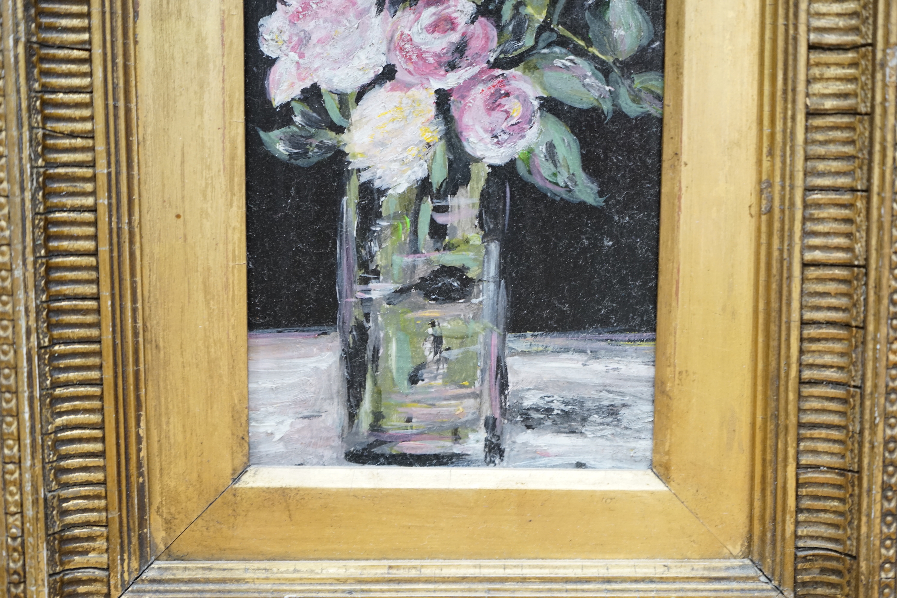 English School, oil on board, Still life of roses in a vase, 18 x 11cm, ornate gilt frame - Image 4 of 5