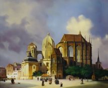 Jacques Douven (1908-2002) oil on board, Figures before a cathedral, signed, 48 x 58cm, ornate