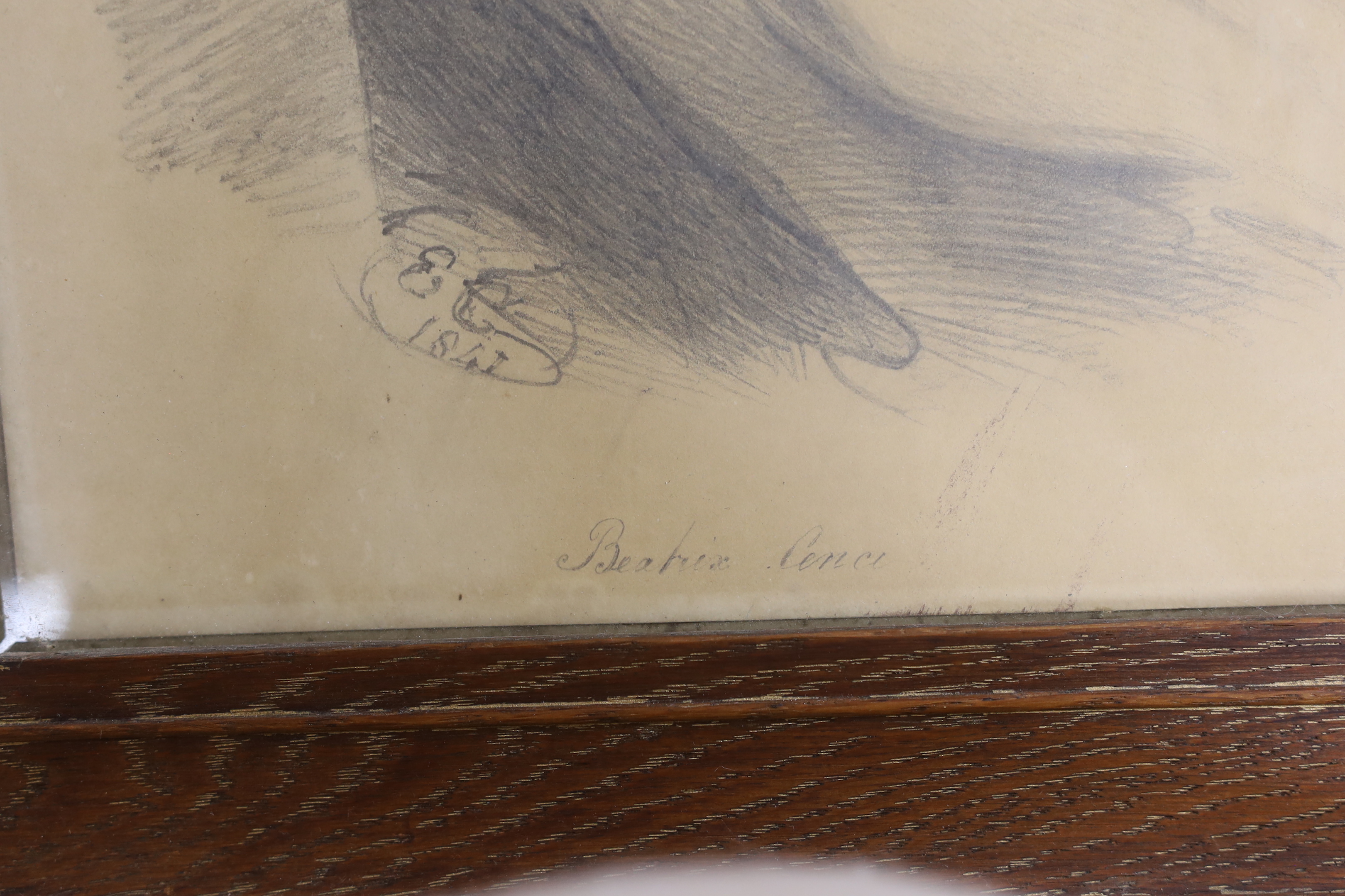 19th century School, pencil sketch, 'Beatrice Cenci', initialled E C and dated 1841, 33 x 25cm - Image 3 of 3