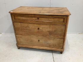 A 19th century Biedermeier maple three drawer commode (back foot loose), width 109cm, depth 57cm,