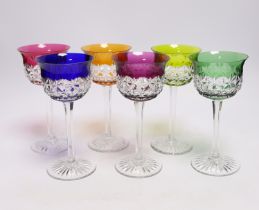Six Baccarat coloured cut wine glasses, 18cm high