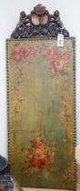 A 19th decoupage canvas panel with studded edges and carved figural mount, 107cm high
