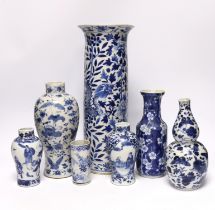 Seven assorted late 19th century Chinese blue and white vases (a.f.), tallest 35.5cm