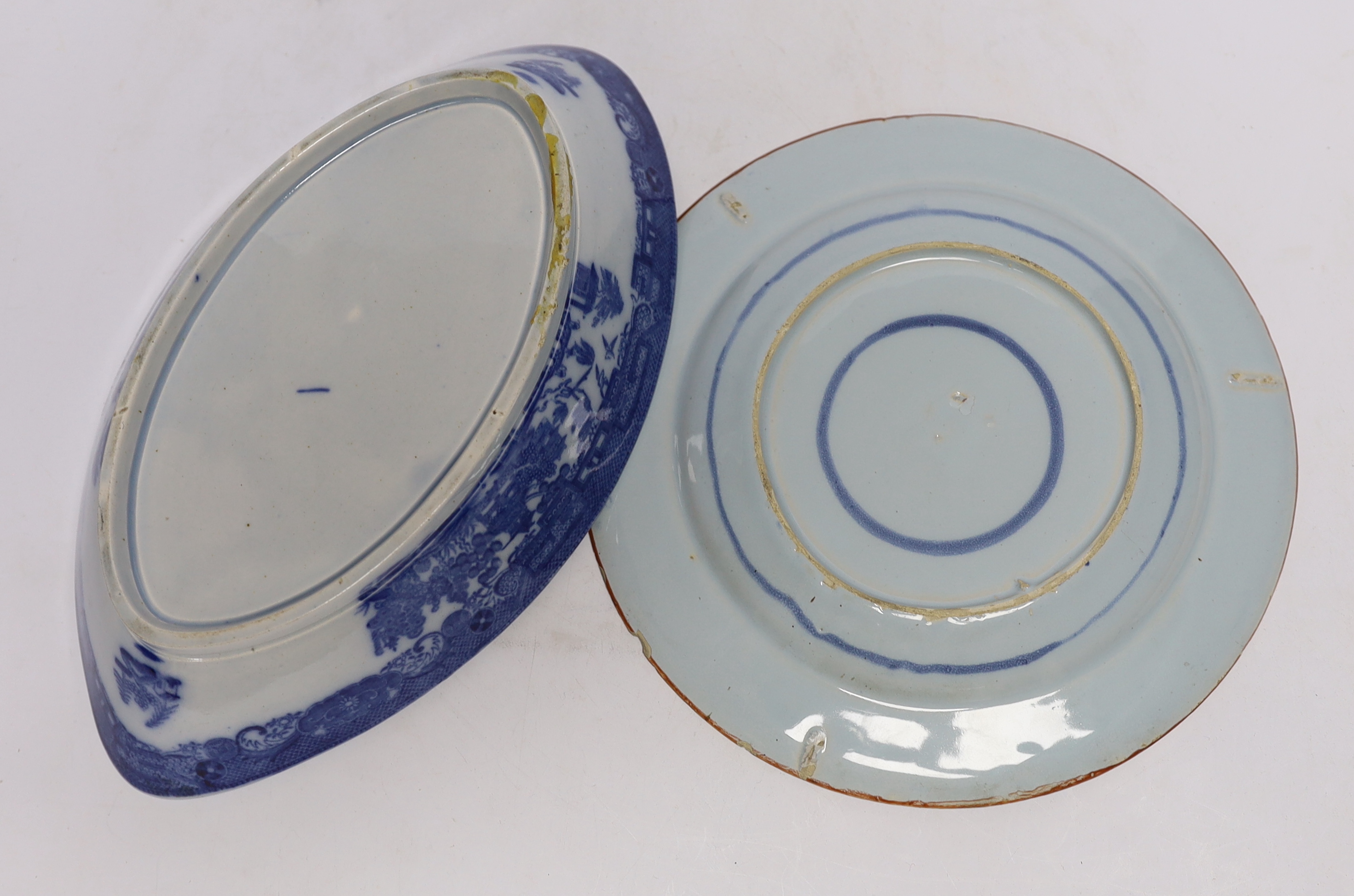 An 18th century delftware plate and blue and white pearlware plate, largest 28cm wide - Image 4 of 4