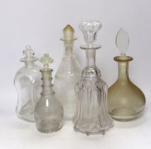 Five 19th century and later glass decanters, one with stopper in the form of a crown, tallest, 32.