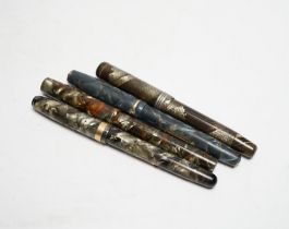 Four fountain pens, Watermans, Mentmore, Onoto and Burnham