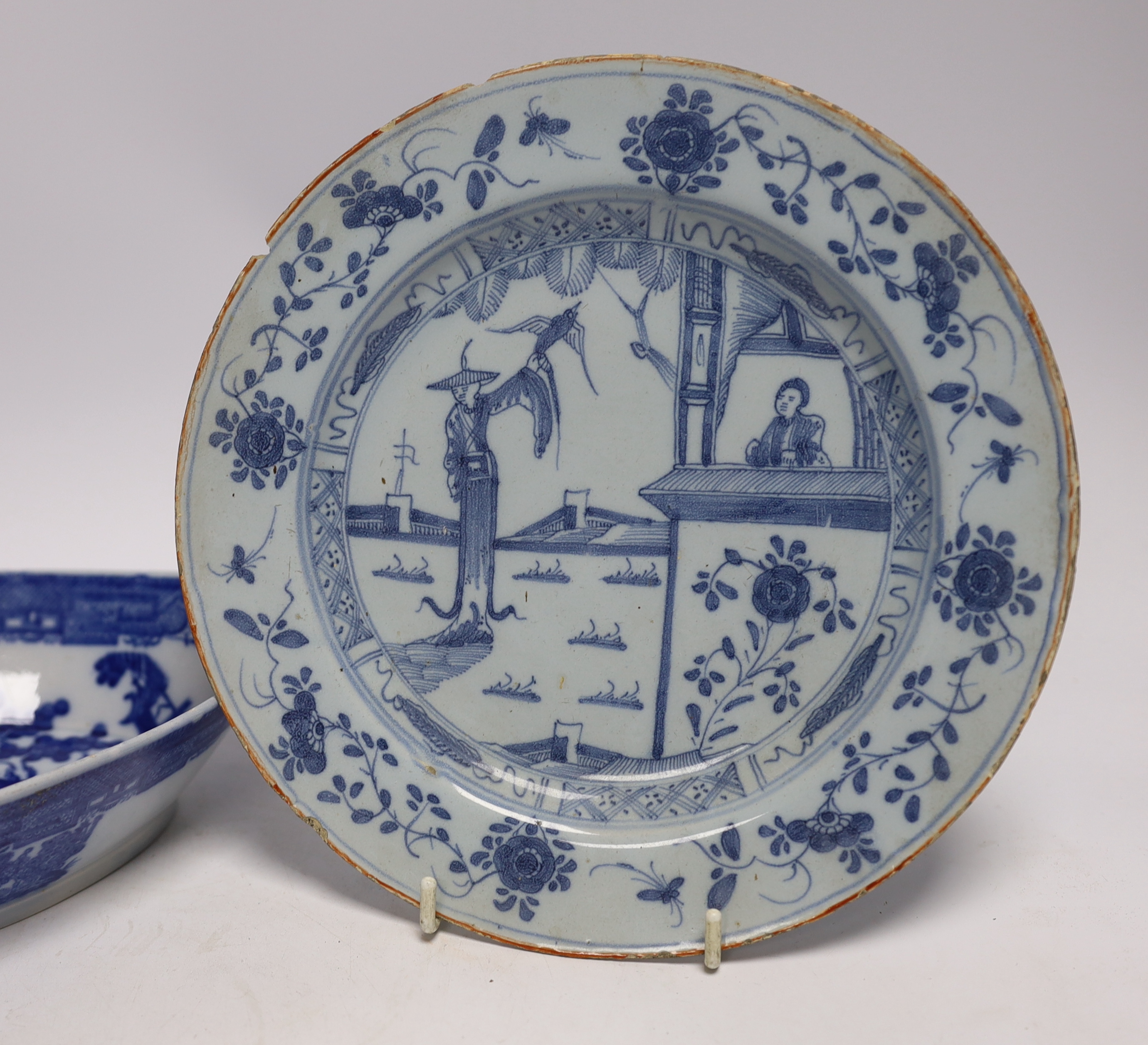 An 18th century delftware plate and blue and white pearlware plate, largest 28cm wide - Image 2 of 4