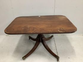 A George III rectangular banded mahogany tilt top table, width 131cm, depth 96cm, height 72cm