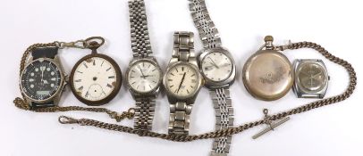 Two gentleman's modern stainless steel Seiko wrist watches, three others including a Rotary and