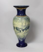 A Doulton Lambeth faience vase, c.1900, attributed to Hannah Barlow, painted with deer in