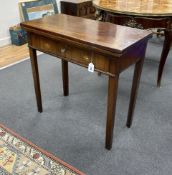 A George III rectangular mahogany folding tea table, width 75cm, depth 37cm, height 72cm.