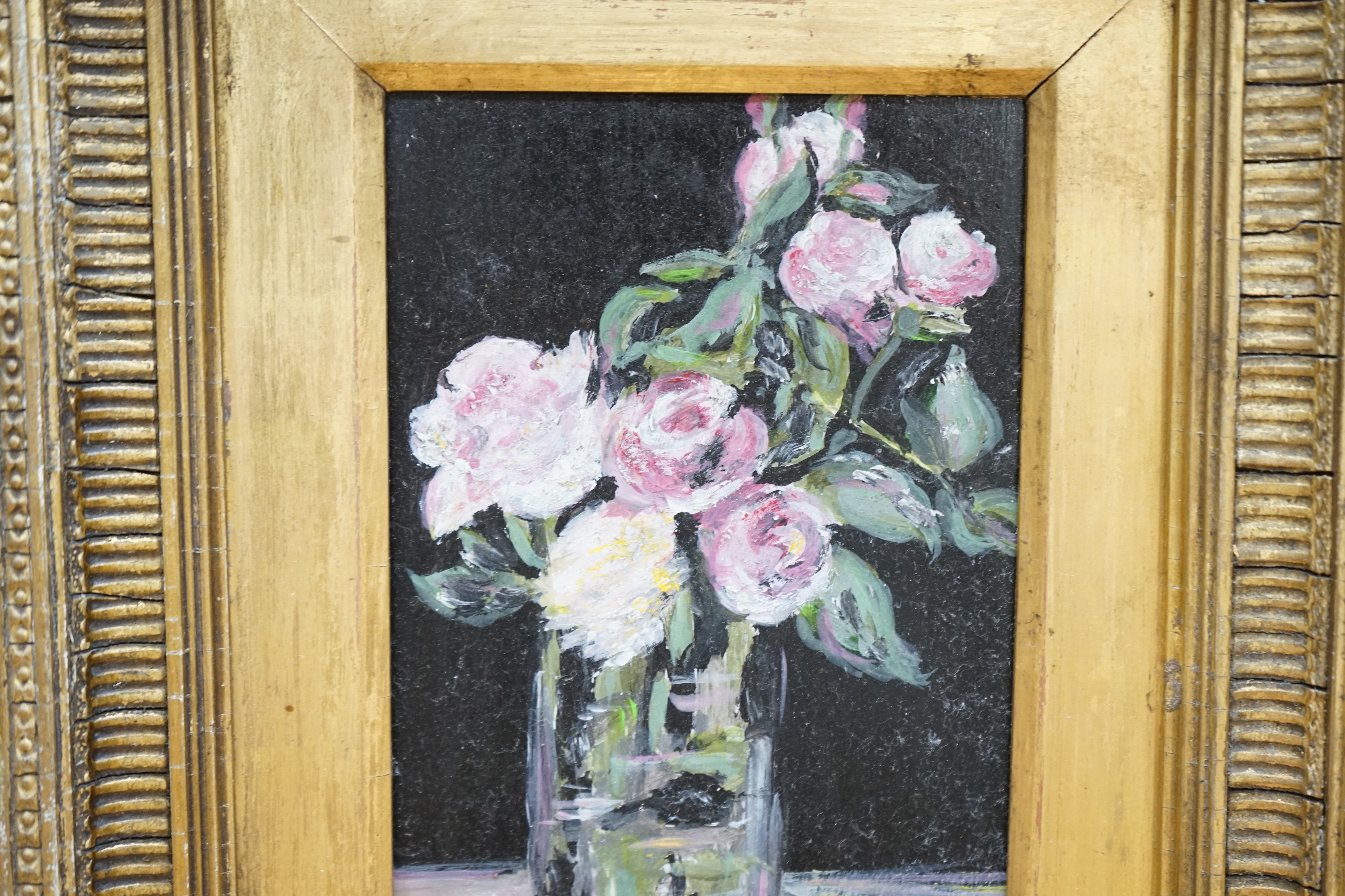 English School, oil on board, Still life of roses in a vase, 18 x 11cm, ornate gilt frame - Image 3 of 5