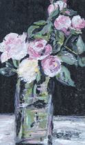 English School, oil on board, Still life of roses in a vase, 18 x 11cm, ornate gilt frame