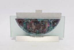 A K4 glass art frosted art glass and aluminium menorah, 14.5cm high