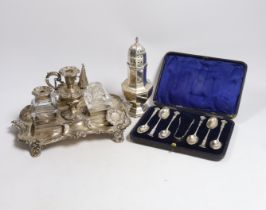 A Victorian silver inkstand, with two mounted glass wells and removeable taper stick, Henry