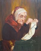 Early 20th century, oil on board, Portrait of an elderly lady sewing, 28 x 21cm, ornate gilt framed