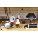 Three vintage metal industrial style desklamps, two table lamps and one other lamp