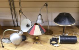Three vintage metal industrial style desklamps, two table lamps and one other lamp