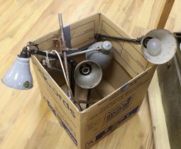 A Benjamin industrial lamp and three other vintage industrial lamps, all with clamp fittings