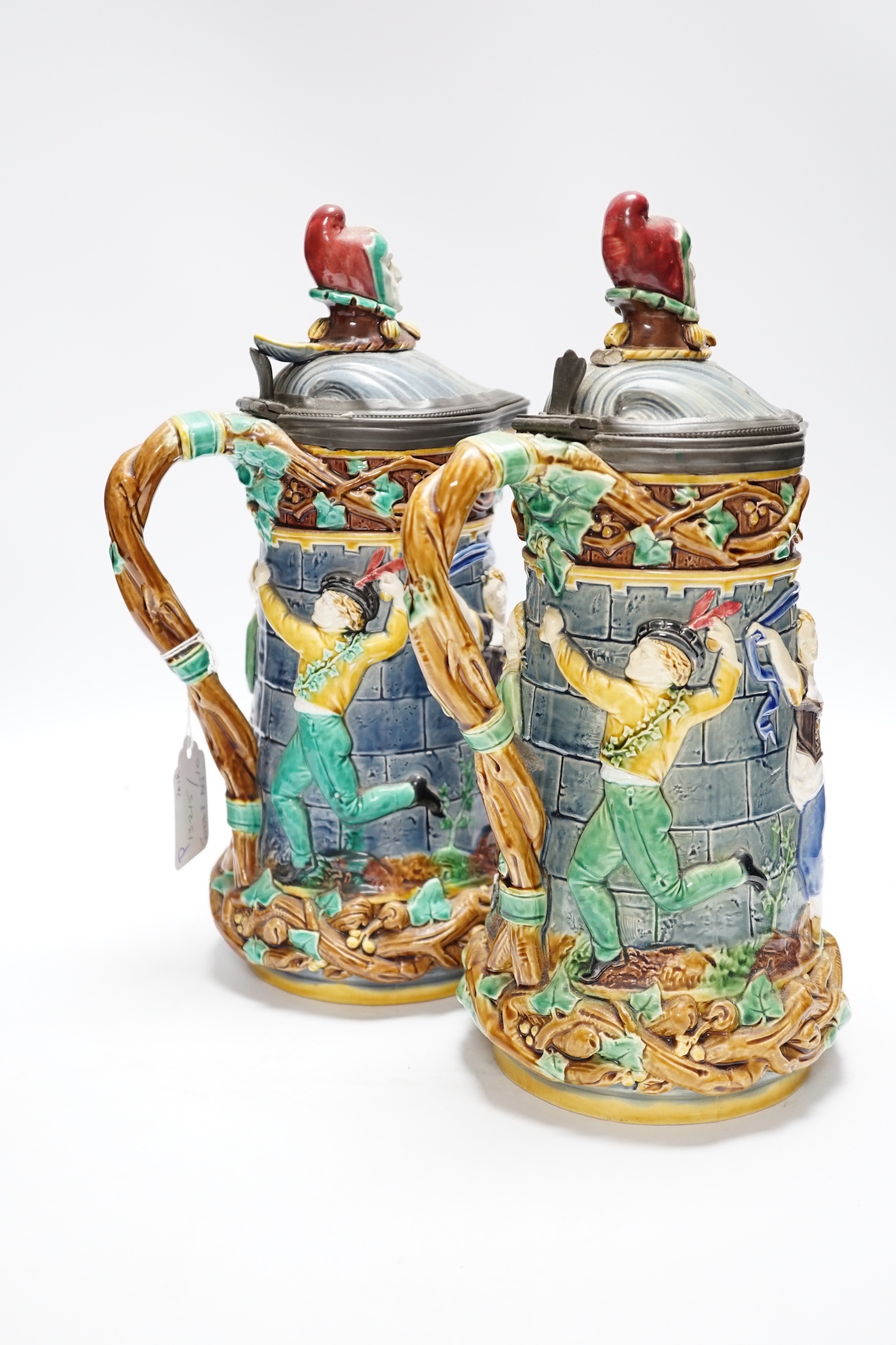 A pair of Victorian Minton majolica ‘Tower’ jugs, 33cm high - Image 8 of 9