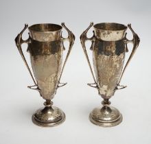 A pair of Edwardian Art Nouveau silver two handled posy vases, Charles Edwards, London, 1905,