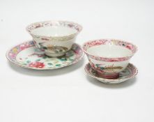 Two Chinese Straits Nonya ware famille rose tea bowls, larger 11cm diameter, and two saucer